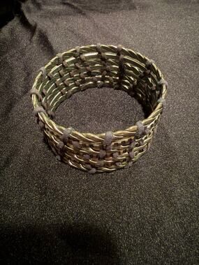 Silver tone vintage biker cuff bracelet braided metal leather wrapped Streetwear